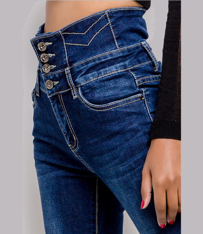 jeans denim vita alta con bottoni slim fit